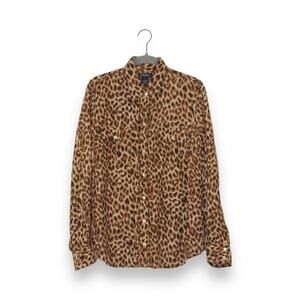 Lucky Brand Leopard Print 100% Silk Long Sleeve Button Up Shirt Blouse